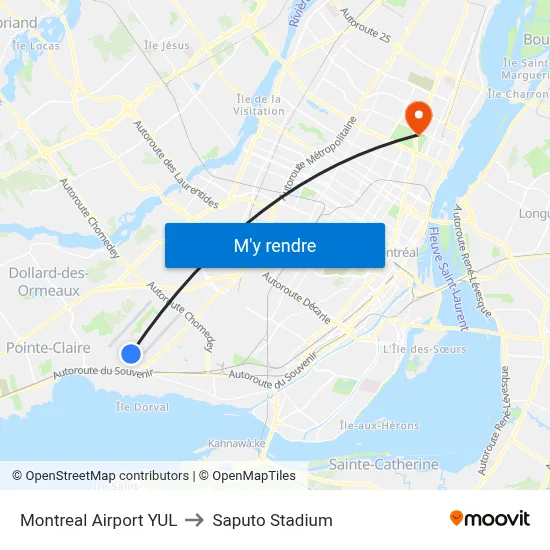 Montreal Airport YUL to Saputo Stadium map