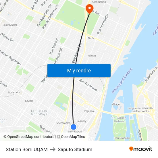 Station Berri UQAM to Saputo Stadium map