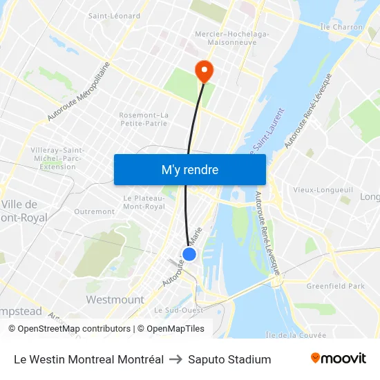 Le Westin Montreal Montréal to Saputo Stadium map