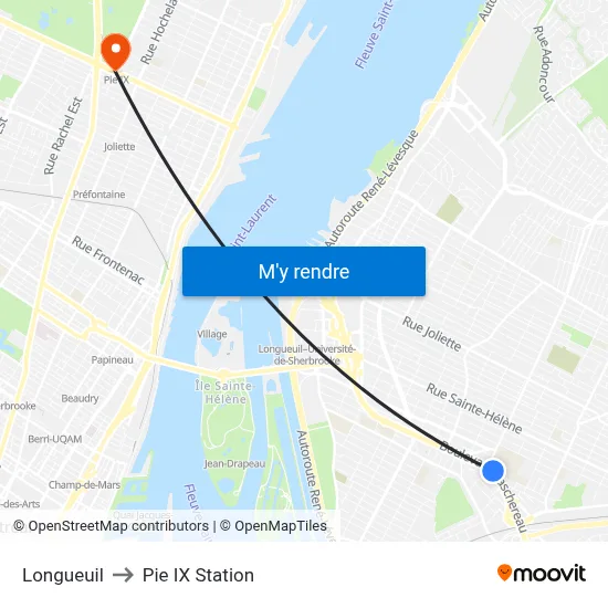 Longueuil to Pie IX Station map