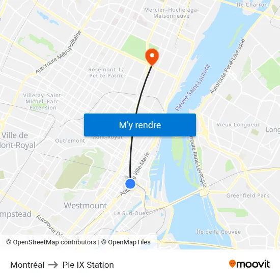 Montréal to Pie IX Station map