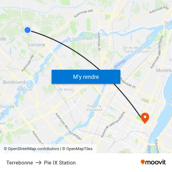Terrebonne to Pie IX Station map