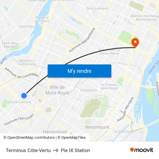Terminus Côte-Vertu to Pie IX Station map