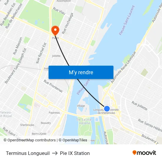 Terminus Longueuil to Pie IX Station map