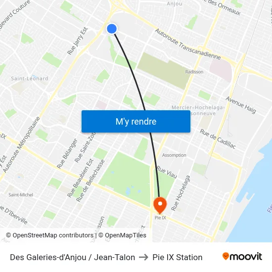 Des Galeries-d'Anjou / Jean-Talon to Pie IX Station map