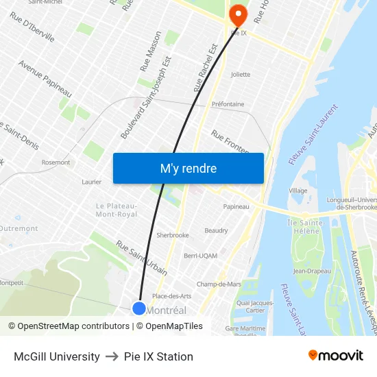 McGill University to Pie IX Station map