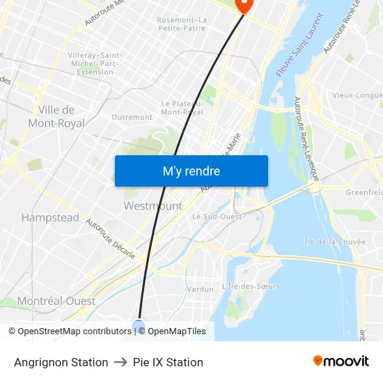 Angrignon Station to Pie IX Station map