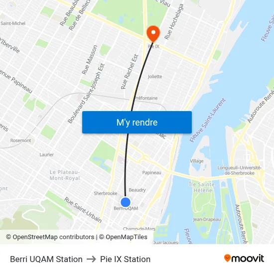 Berri UQAM Station to Pie IX Station map