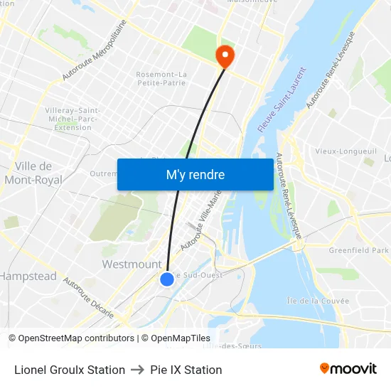 Lionel Groulx Station to Pie IX Station map