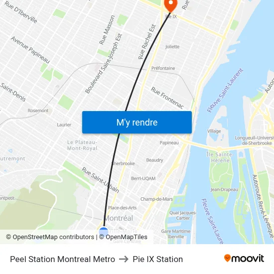 Peel Station Montreal Metro to Pie IX Station map