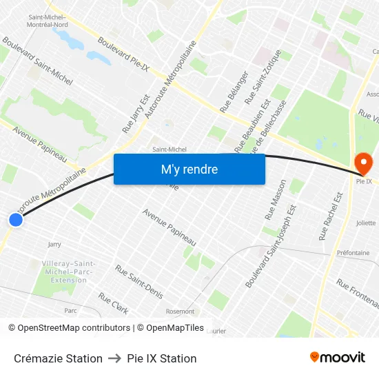 Crémazie Station to Pie IX Station map