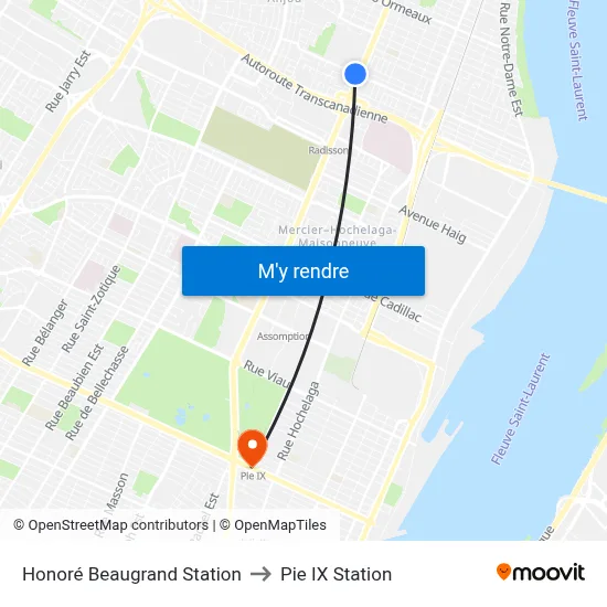 Honoré Beaugrand Station to Pie IX Station map