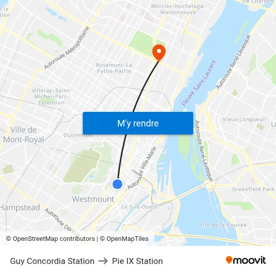 Guy Concordia Station to Pie IX Station map