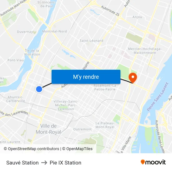 Sauvé Station to Pie IX Station map