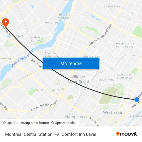 Montreal Central Station to Comfort Inn Laval map
