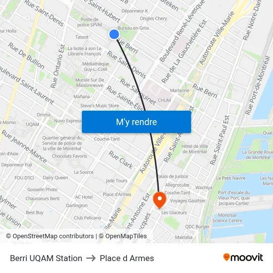 Berri UQAM Station to Place d Armes map