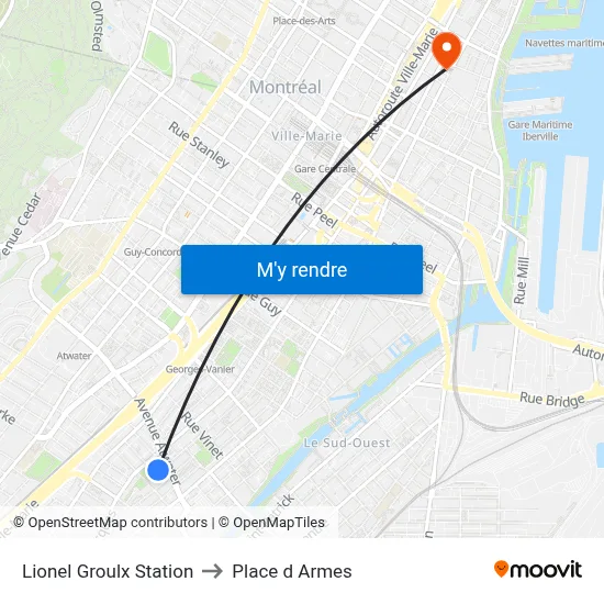 Lionel Groulx Station to Place d Armes map