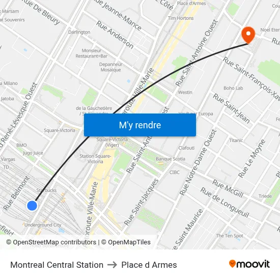 Montreal Central Station to Place d Armes map