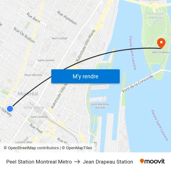 Peel Station Montreal Metro to Jean Drapeau Station map