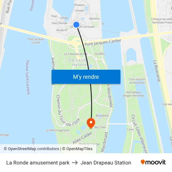 La Ronde amusement park to Jean Drapeau Station map