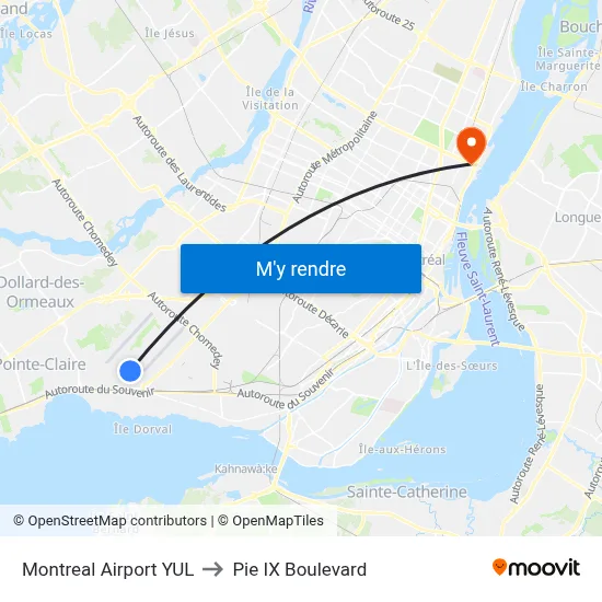 Montreal Airport YUL to Pie IX Boulevard map