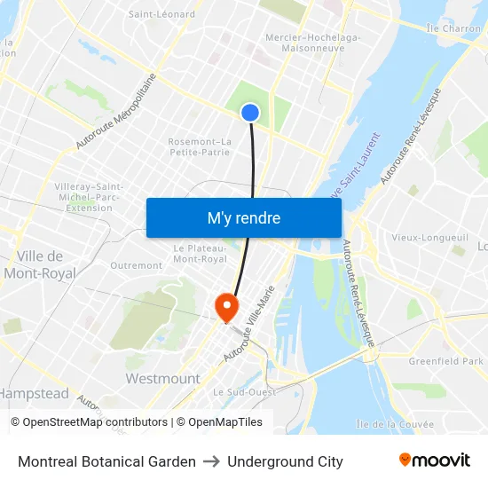 Montreal Botanical Garden to Underground City map