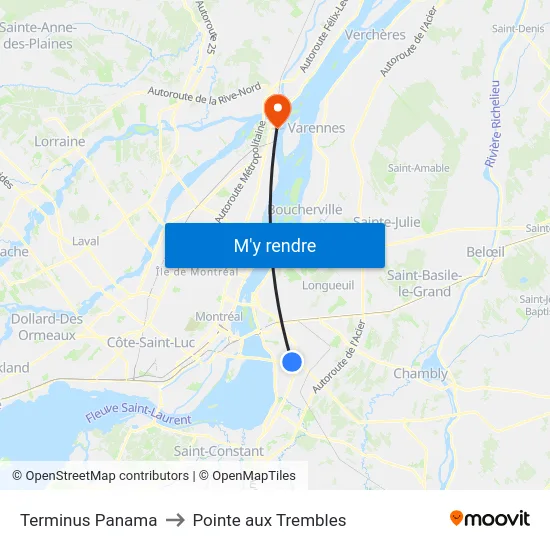 Terminus Panama to Pointe aux Trembles map