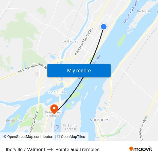 Iberville / Valmont to Pointe aux Trembles map