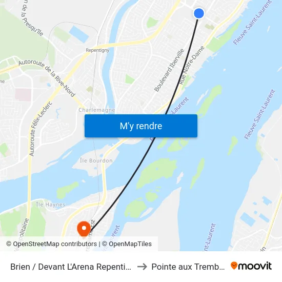 Brien / Devant L'Arena Repentigny to Pointe aux Trembles map