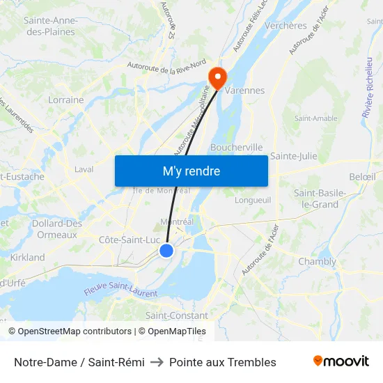 Notre-Dame / Saint-Rémi to Pointe aux Trembles map