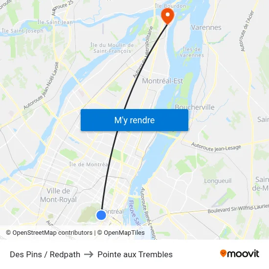 Des Pins / Redpath to Pointe aux Trembles map