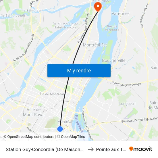 Station Guy-Concordia (De Maisonneuve/St-Mathieu) to Pointe aux Trembles map