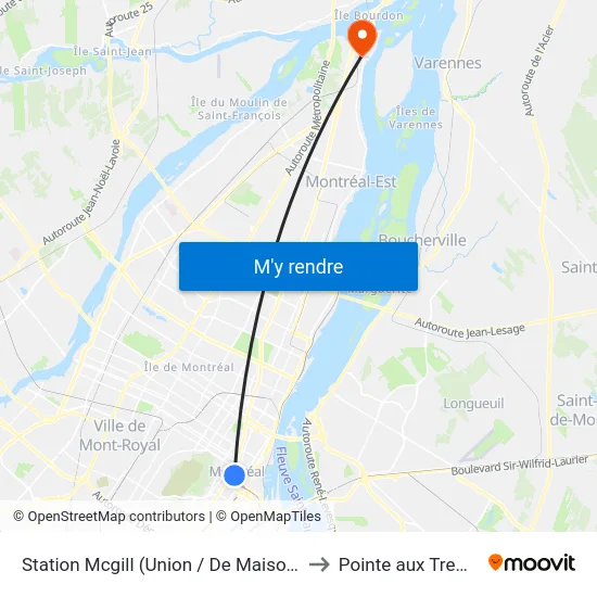 Station Mcgill (Union / De Maisonneuve) to Pointe aux Trembles map