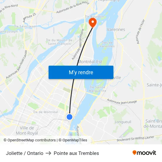 Joliette / Ontario to Pointe aux Trembles map