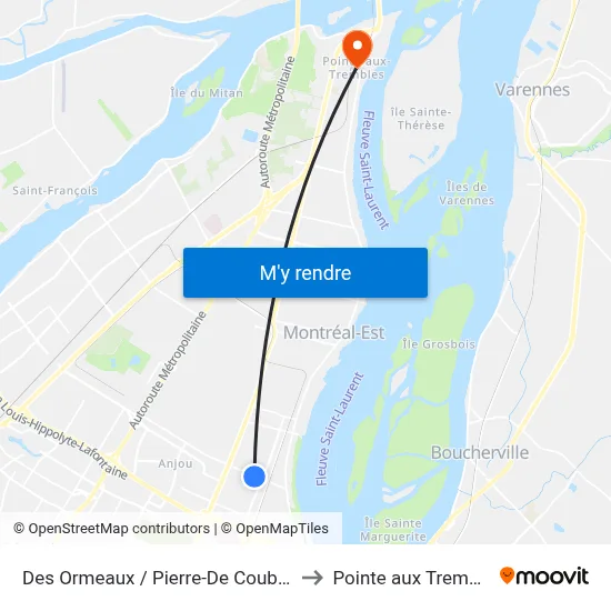 Des Ormeaux / Pierre-De Coubertin to Pointe aux Trembles map