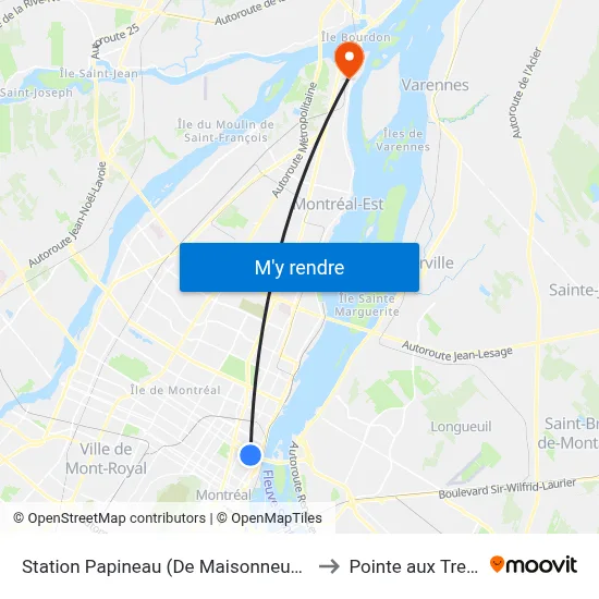 Station Papineau (De Maisonneuve / Cartier) to Pointe aux Trembles map
