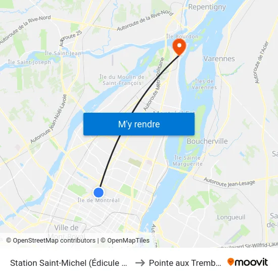 Station Saint-Michel (Édicule Est) to Pointe aux Trembles map
