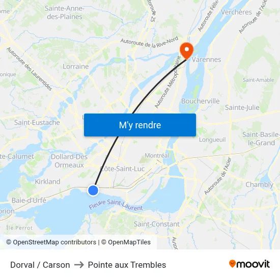 Dorval / Carson to Pointe aux Trembles map