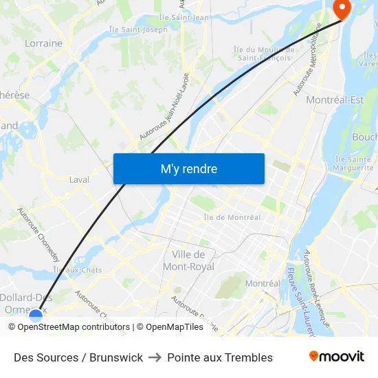 Des Sources / Brunswick to Pointe aux Trembles map