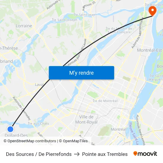 Des Sources / De Pierrefonds to Pointe aux Trembles map