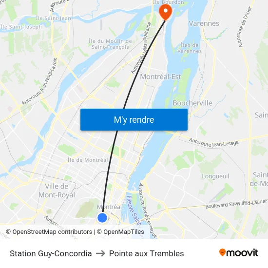 Station Guy-Concordia to Pointe aux Trembles map