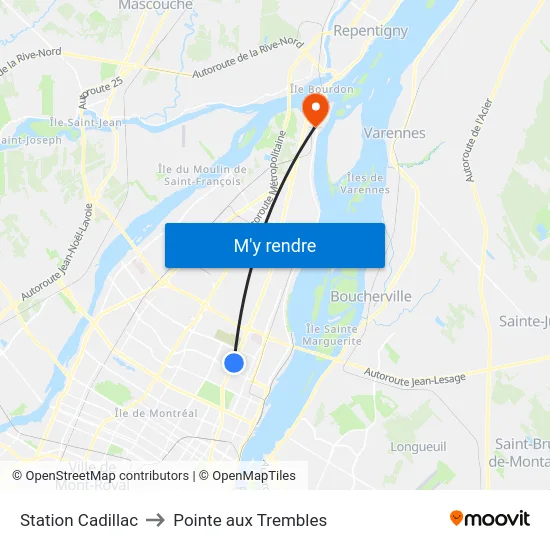 Station Cadillac to Pointe aux Trembles map
