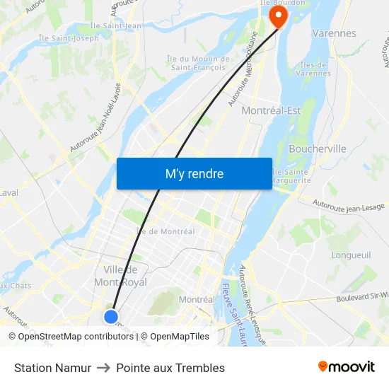 Station Namur to Pointe aux Trembles map
