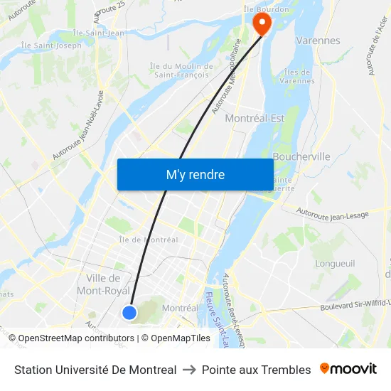 Station Université De Montreal to Pointe aux Trembles map