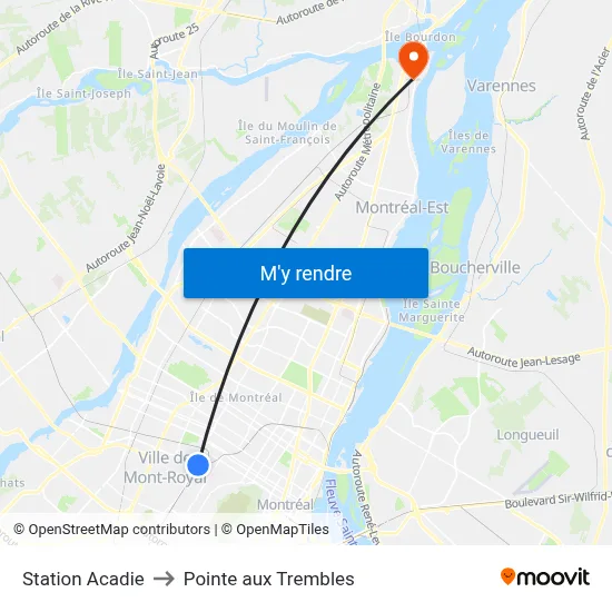Station Acadie to Pointe aux Trembles map