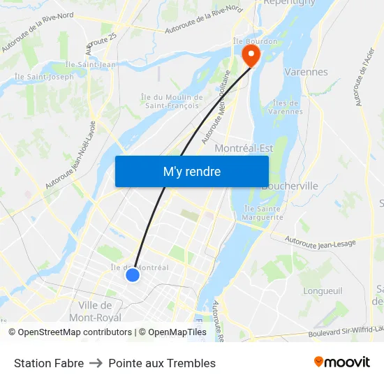 Station Fabre to Pointe aux Trembles map