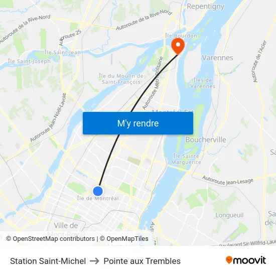 Station Saint-Michel to Pointe aux Trembles map