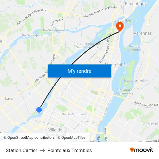 Station Cartier to Pointe aux Trembles map