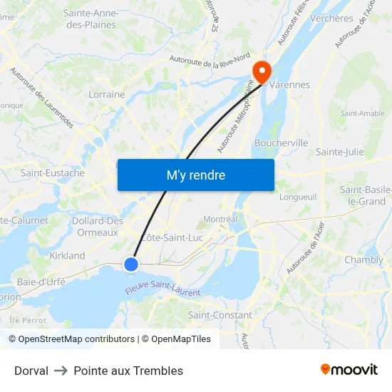 Dorval to Pointe aux Trembles map