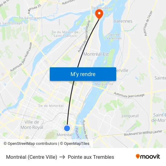 Montréal (Centre Ville) to Pointe aux Trembles map